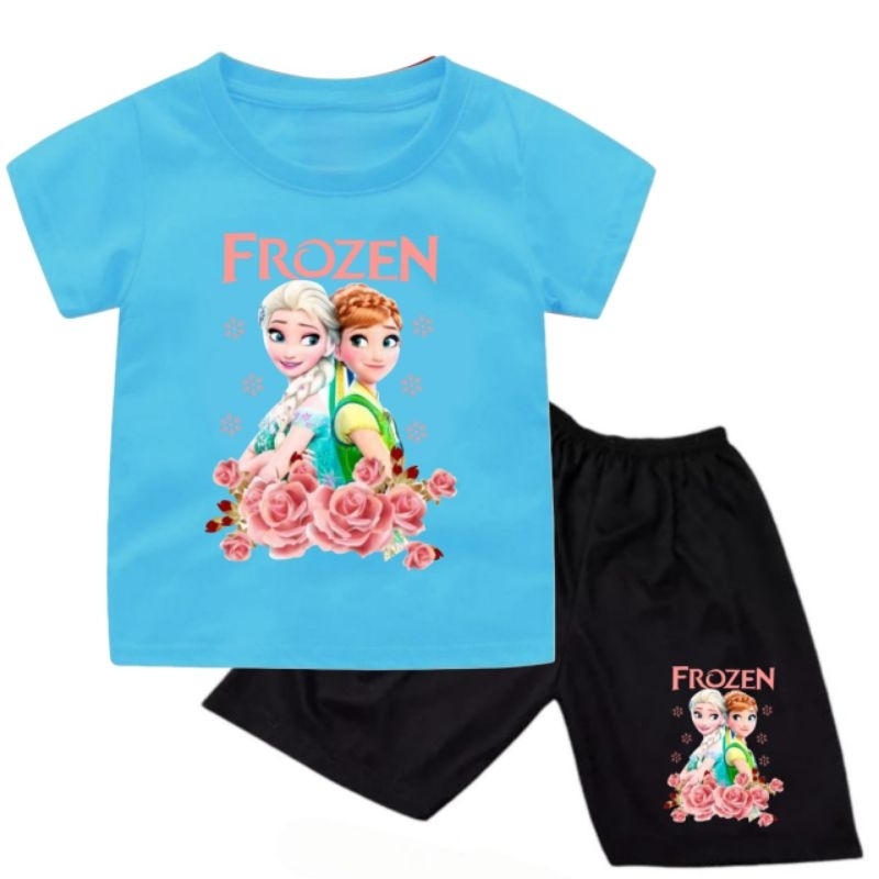 Setelan baju kaos Karakter kartun frozen anna dan elsa2