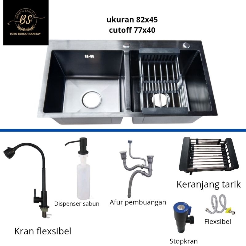 kitchen sink 2 lubang paket lengkap sink 8242 b/sink hitam stanlees/bak cuci piring hitam 2lubang