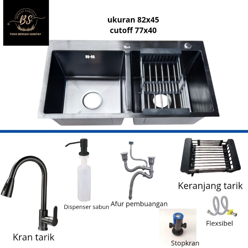 kitchen sink 2 lubang paket lengkap sink 8242 b/sink hitam stanlees/bak cuci piring hitam 2lubang