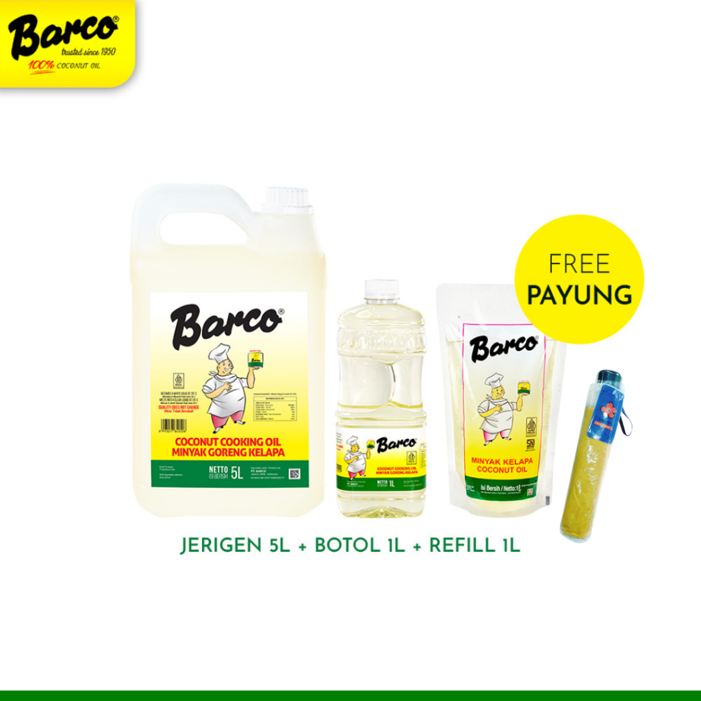 

Paket Hemat!! Minyak Goreng Barco Jerrycan 5 ltr & Pouch 1 Ltr & Botol 1 Ltr (Free Payung)