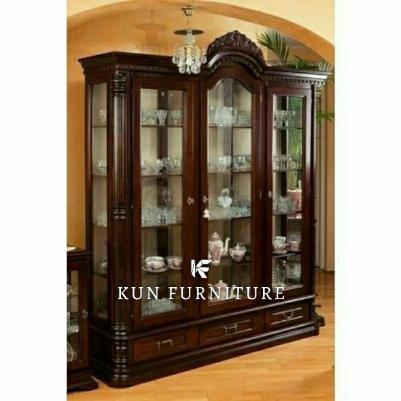 dp lemari pajangan 3 pintu ukir kayu jati lemari hias klasik