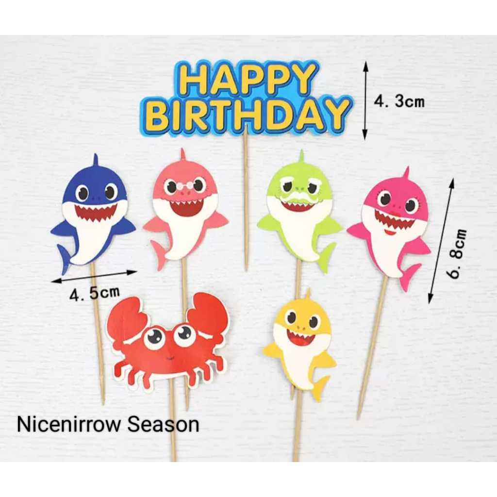 Topper Baby Shark Set isi 7 pcs hiasan kue ultah