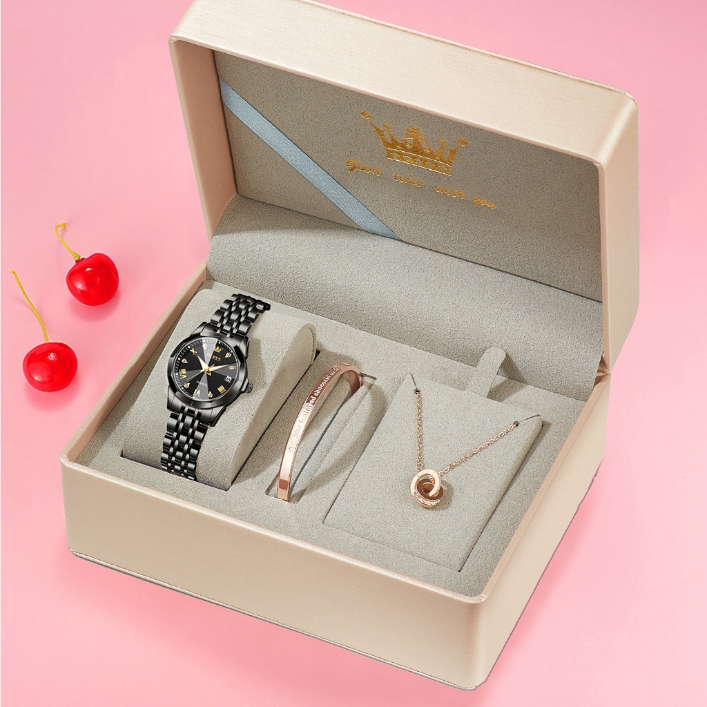 Olevs Jam Tangan wanita Set + Kalung + Gelang Original Luminous Tahan air Korea Stainless Steel