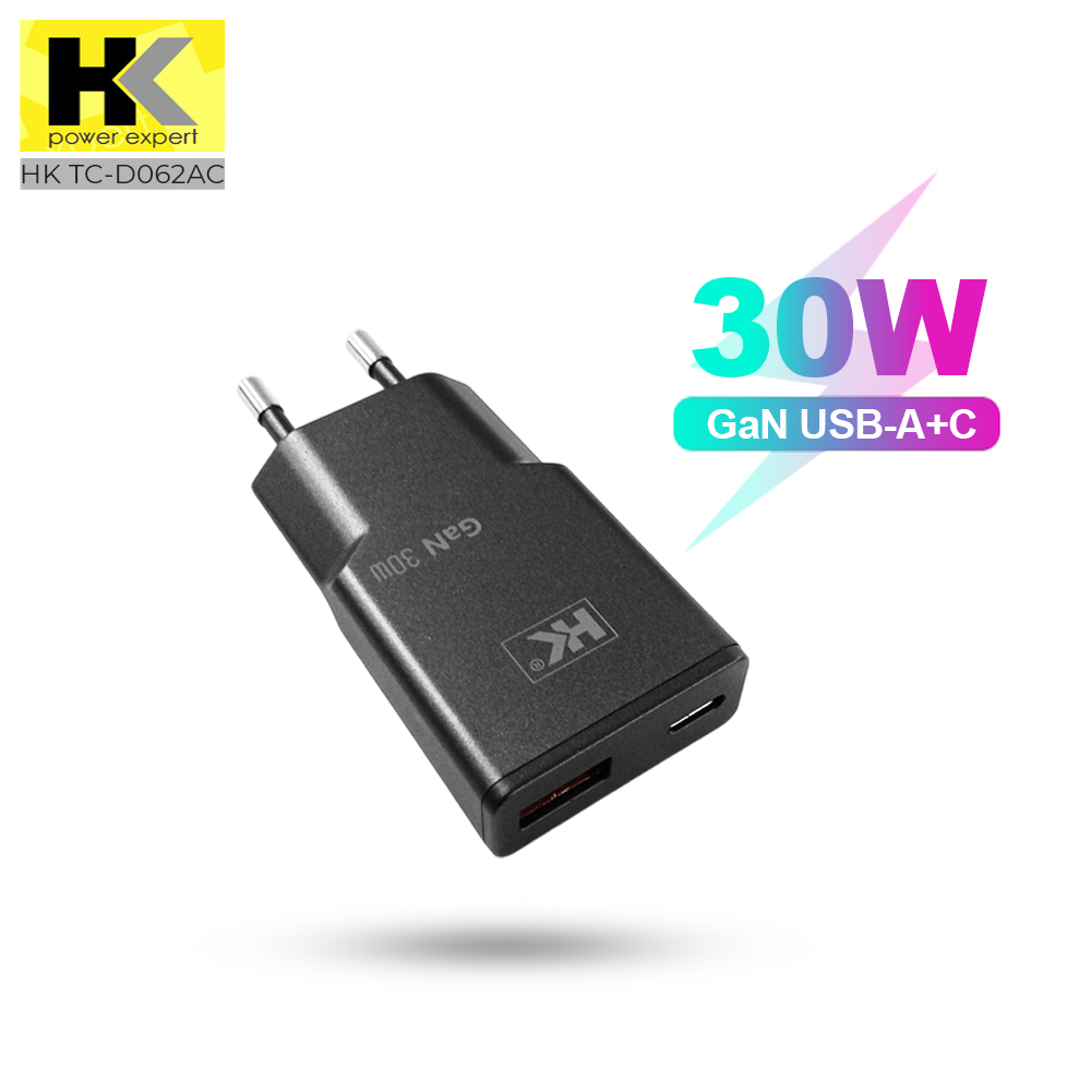 HK D62AC Adapter Charger 30W GaN Dual Port (USB-C+A) Ultra Slim Charger PD PPS