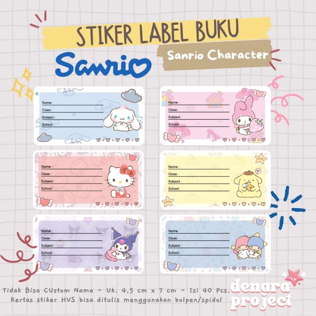 

40 Pcs (TIDAK CUSTOM) Stiker Label Nama Buku Sanrio Family Kosongan - Kuromi Cinnamoroll Melody