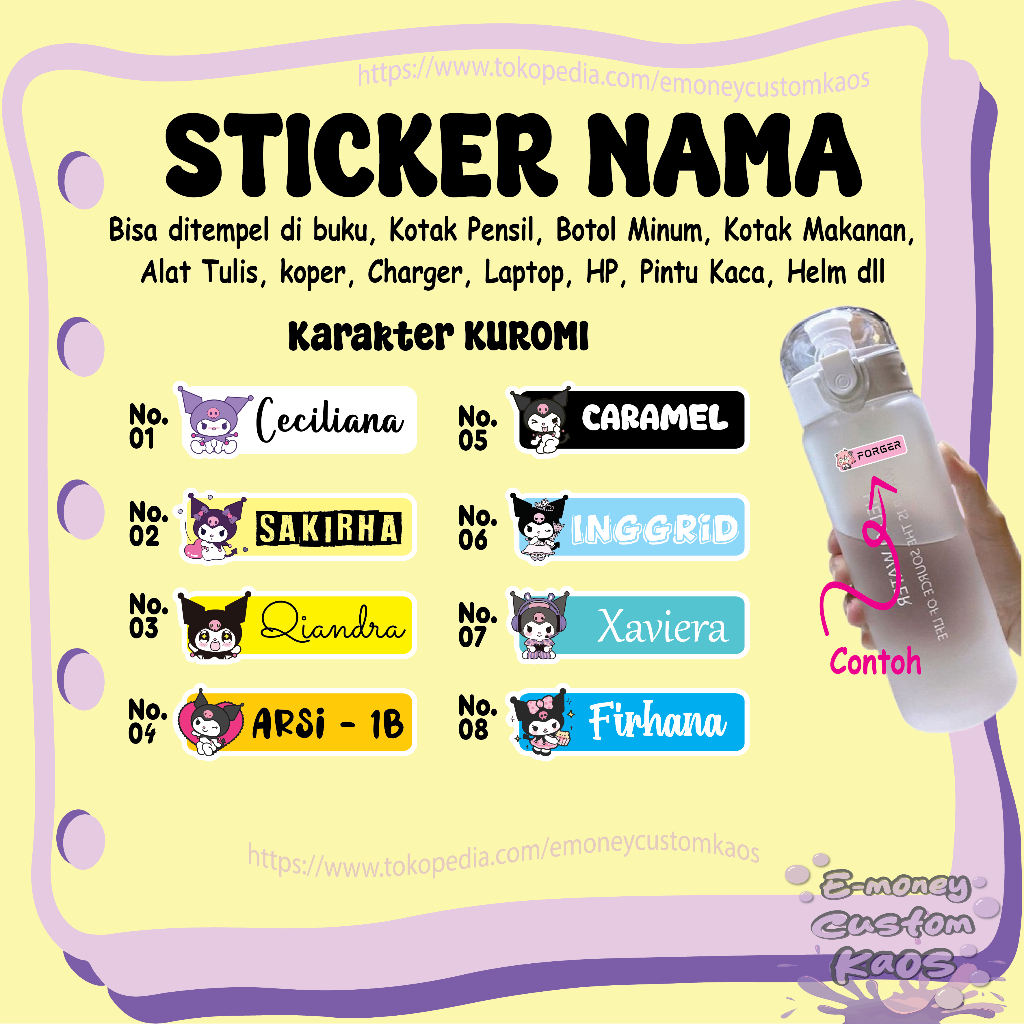 

STICKER LABEL NAMA KUROMI CUTE STIKER CUSTOM LEBEL PREMIUM MURAH LUCU BISA TEMPEL DI BUKU KOTAK PENSIL HELM BOTOL MINUM KOTAK MAKANAN ALAT TULIS KOPER LAPTOP HP PINTU KACA