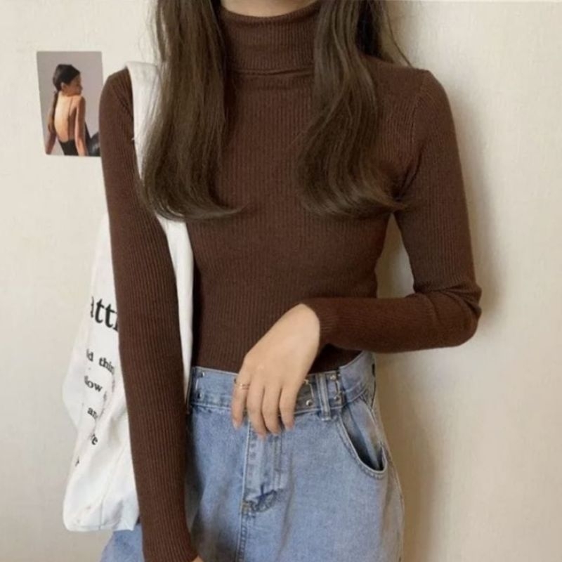 INNER rajut turtleneck knit Manset - baju rajut atasan wanita lengan panjang [COKELAT]