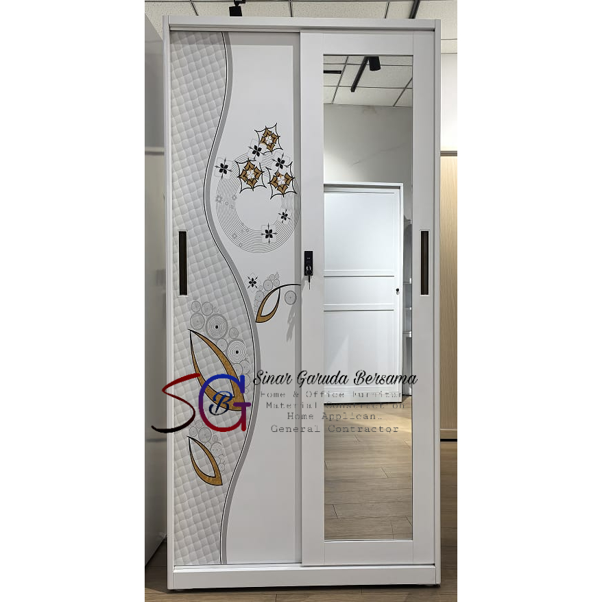 LEMARI PAKAIAN SLIDING 2 PINTU PLAT BESI + KACA PANJANG MOTIF DAUN / LEMARI BAJU PINTU GESER BAHAN P