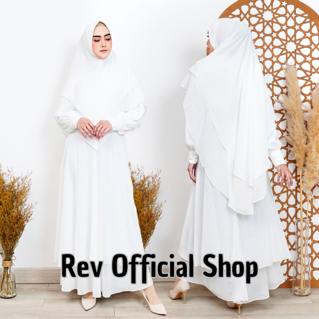 Rev Gamis Syari Set Khimar Putih Busana Haji dan Umroh Ceruty Babydoll