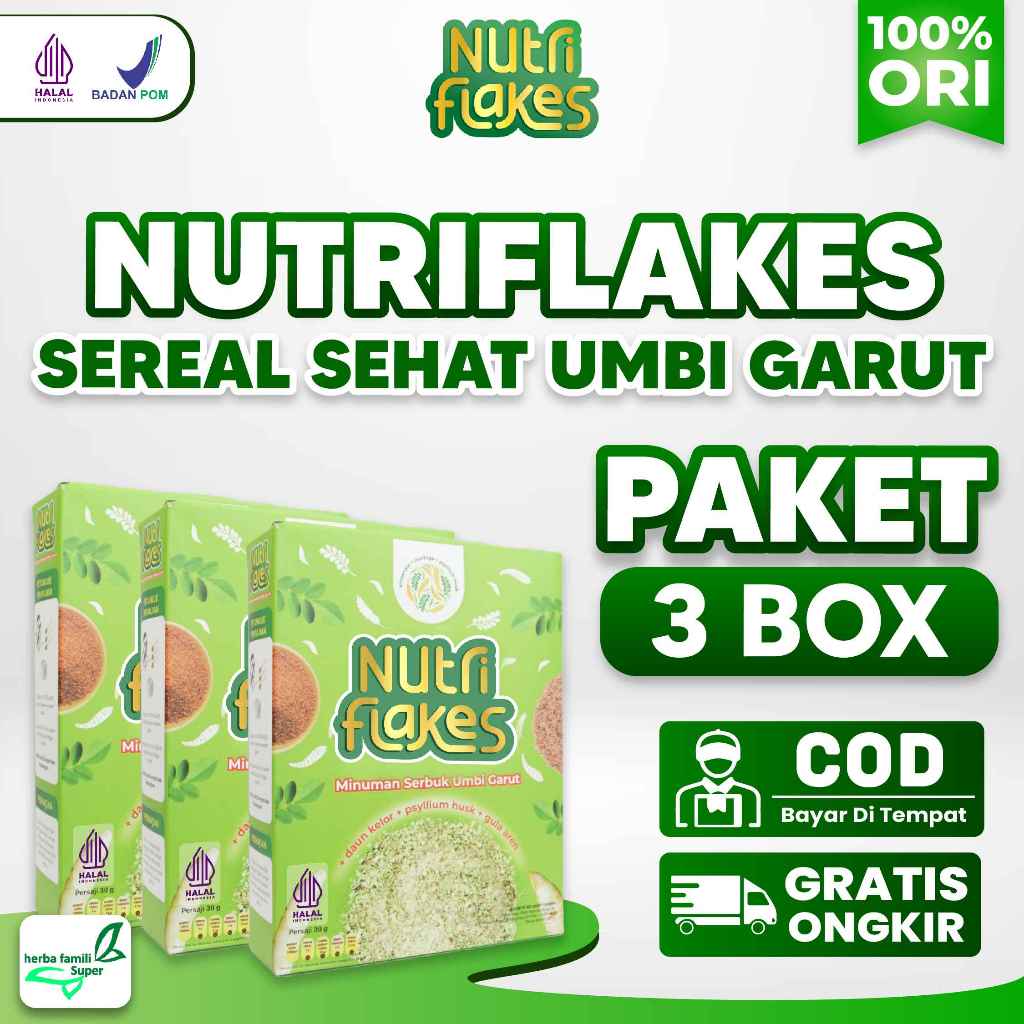 

3 Box NUTRIFLAKES Mengatasi Asam Lambung & Ketergantungan Obat Kimia Sereal Herba Umbi Garut