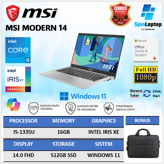 MSI Modern 14 F13MG | Laptop core i5 -1335U RAM 16GB SSD 512GB Windows 11 OHS Baru Resmi