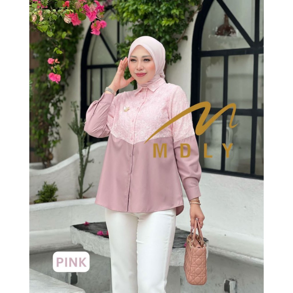 MDLY Baju kemeja atasan wanita/Baju kemeja Kombinasi Motif Bordir/Kemeja Casual/Lynni Shirt By Mdly