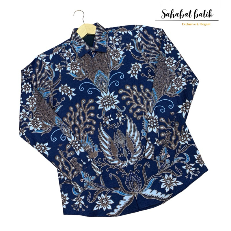 Kemeja batik slimfit bahan Dobi lengan panjang warna dasar biru dongker
