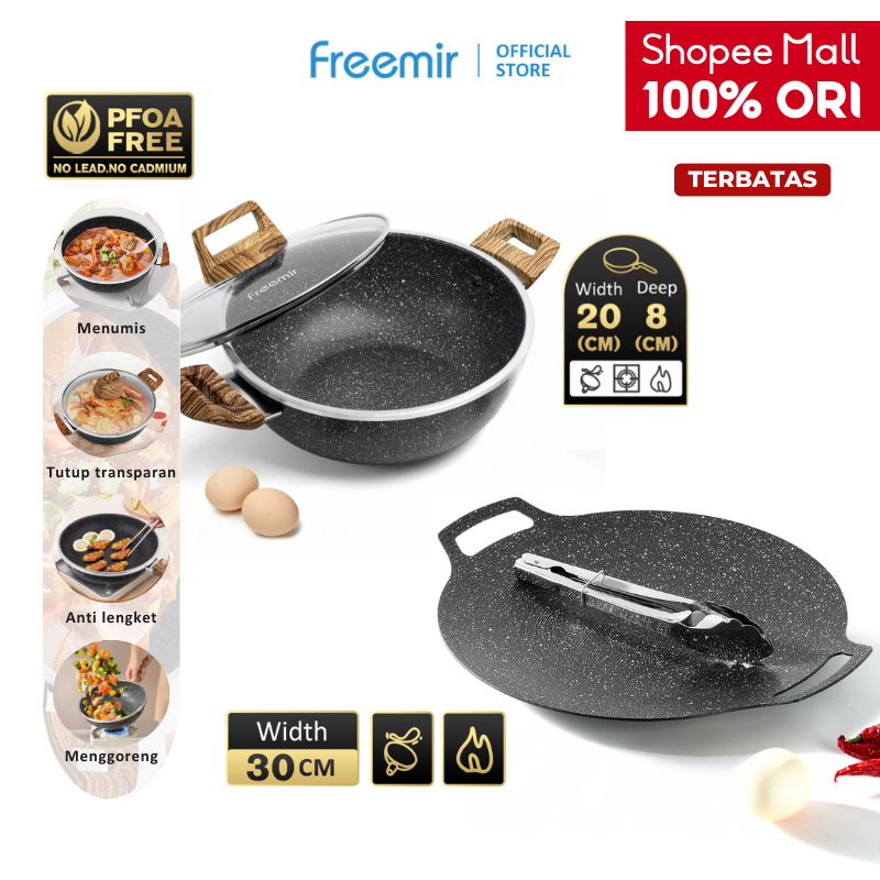 [ LIVE SPECIAL ] Freemir Paket Hemat Wajan Grill Pan 30/20 cm Granit Anti Lengket Panggangan