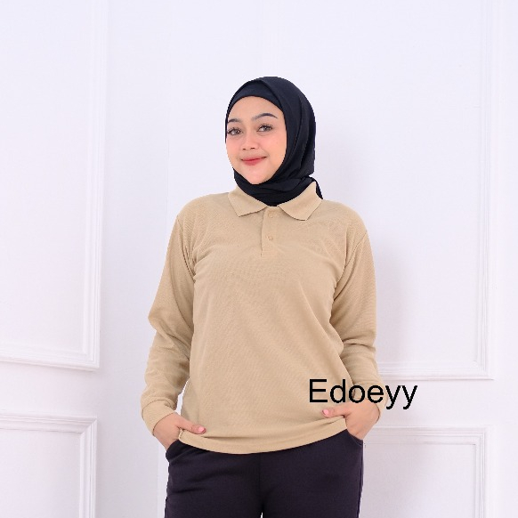 Kaos Polo Shirt COKLAT MUDA Lengan Panjang- Baju Kerah Berkerah Cewek Lengan Panjang