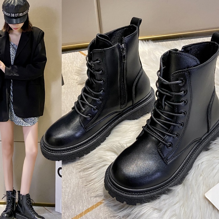 FG2 Sepatu Leather Ankle Boots Wanita Bot Kasual Gaya Korea Kulit Tali Hitam Sol Karet Import Korean