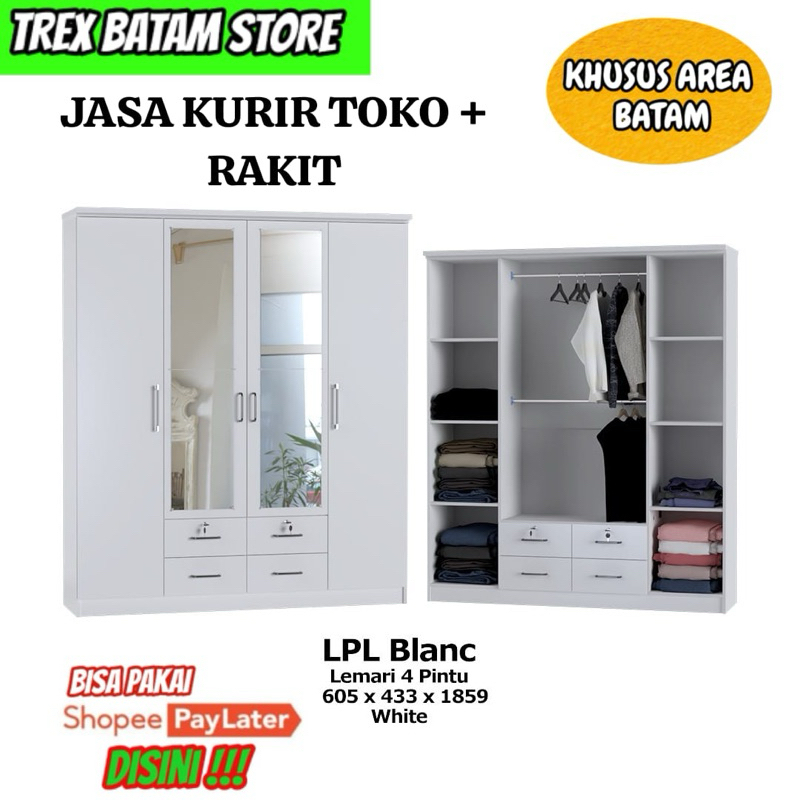 LEMARI PAKAIAN 4 PINTU KAYU + LACI LPL BLANC + RAKIT [ BATAM ]