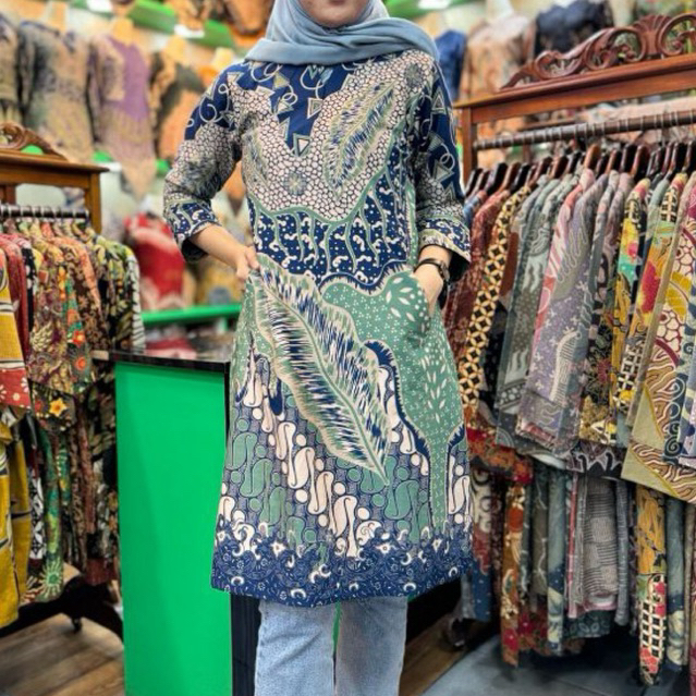 Tunik qistina batik katun daun widuri lapis trikot