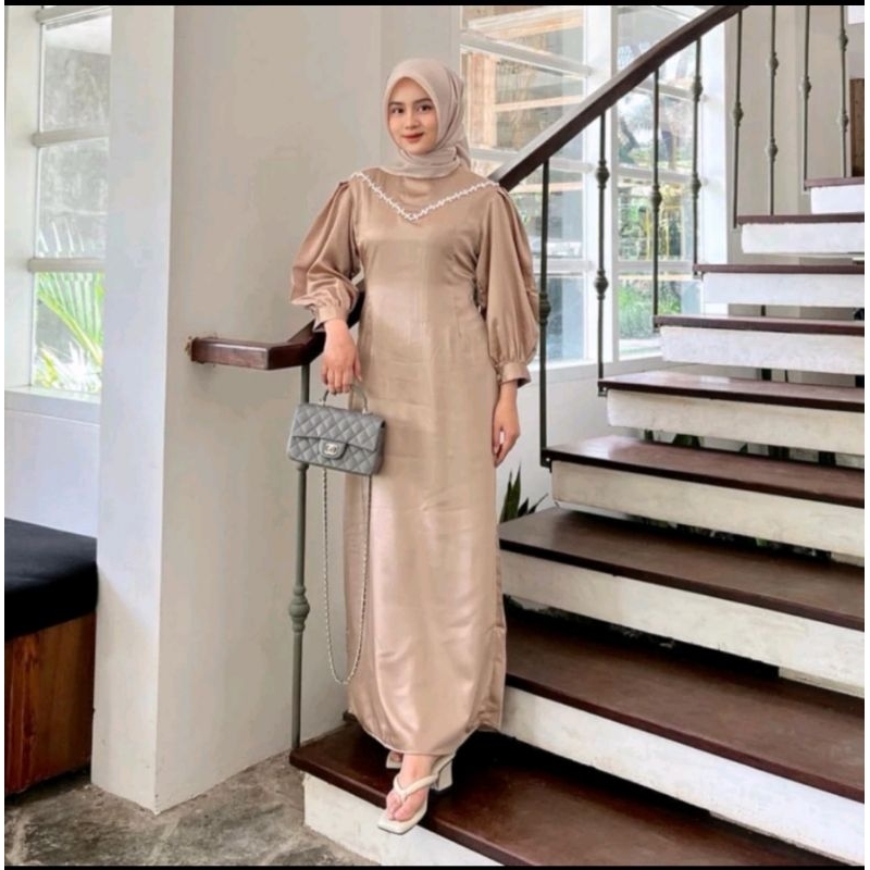 CALENDULA DRESS SATIN PREMIUM MAXY MATERIAL FULL MAXMARA GRADE A | GAMIS SATIN POLOS MODERN | GAMIS 