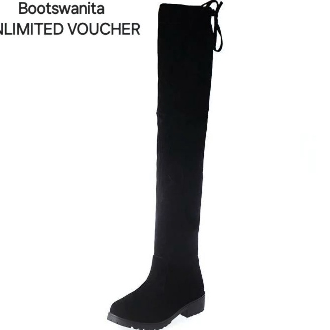 Extra Knee Boots Panjang Atas Lutut Hitam Flat Wanita B25 Ukuran 35  42