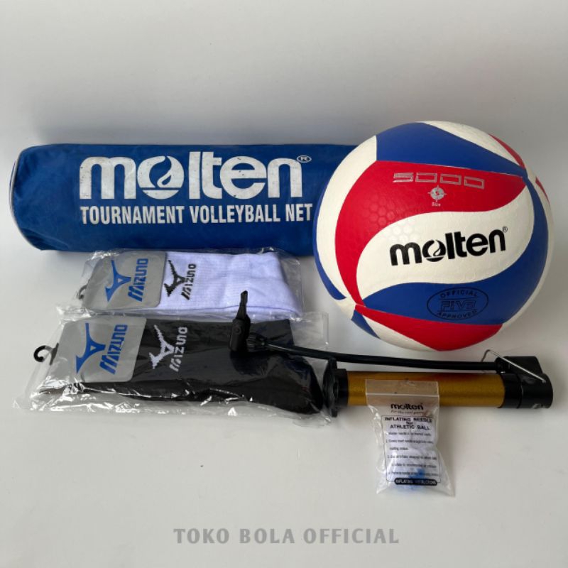 PAKET BUNDLING 1 SET BOLA VOLLY+NET+KAOS KAKI MOLTEN 5000 GRADE ORIGINAL/GRATIS POMPA PENTIL&JARING