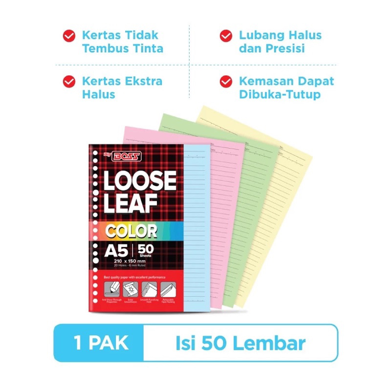 

Loose Leaf Big Boss Mix Warna Warni Rainbow Ukuran A5 isi 50 Lembar Isi Kertas Binder