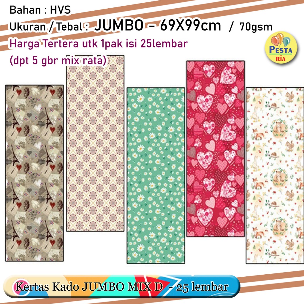 

Murah!! (1Set 25lmbr) Kertas kado motif JUMBO MIX D, kertas kado motif mix, Kertas Kado Setara Sanwa Sansan Wawa