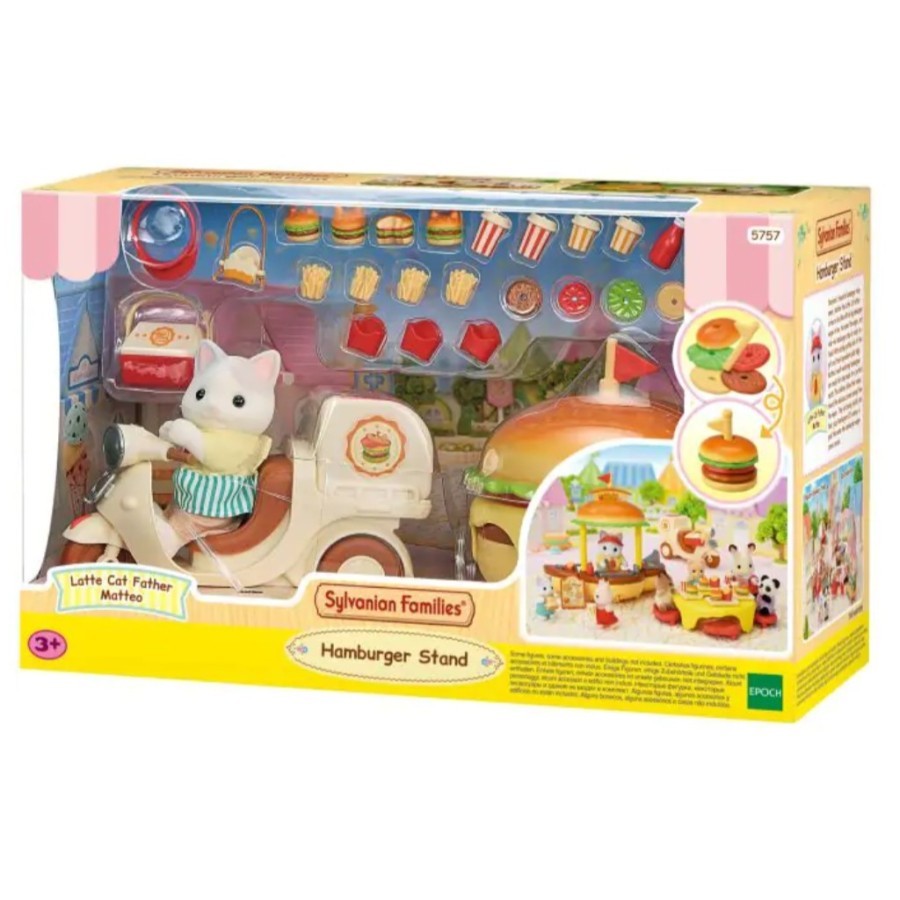 Mainan Boneka Sylvanian Families Hamburger Stand Plus Motor Latte Cat Father 30 Aksesoris