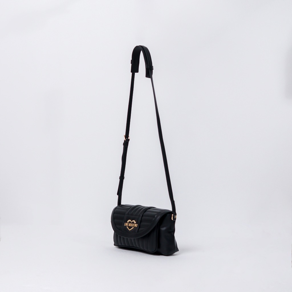 Tas LOVE MOSCHINO HEART PLAQUE PUFFED BLACK FLAP SHOULDER BAG 100% ORIGINAL