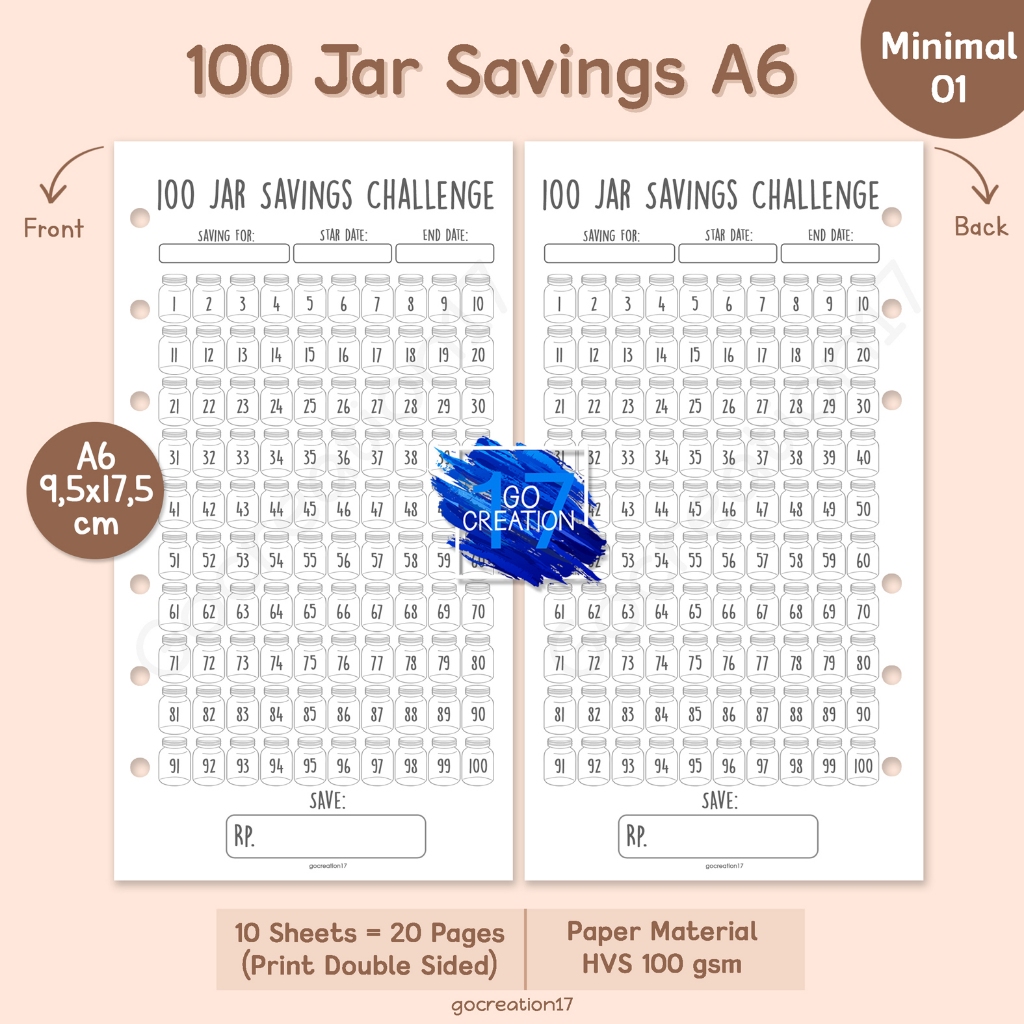 

Buku Planner Refill Kertas Isi Binder 100 Jar Saving Challenge Tantangan Nabung Simple Minimalis A6