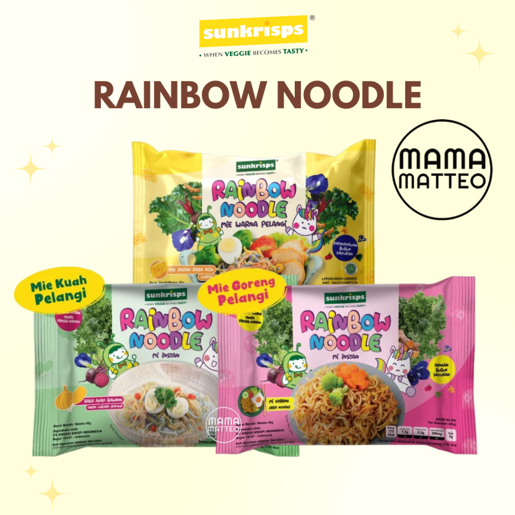 

SUNKRISPS Rainbow Noodle 45gr / Mie Goreng Kuah Pelangi Sehat Rasa Keju Ayam Bawang Goreng SUNKRIP