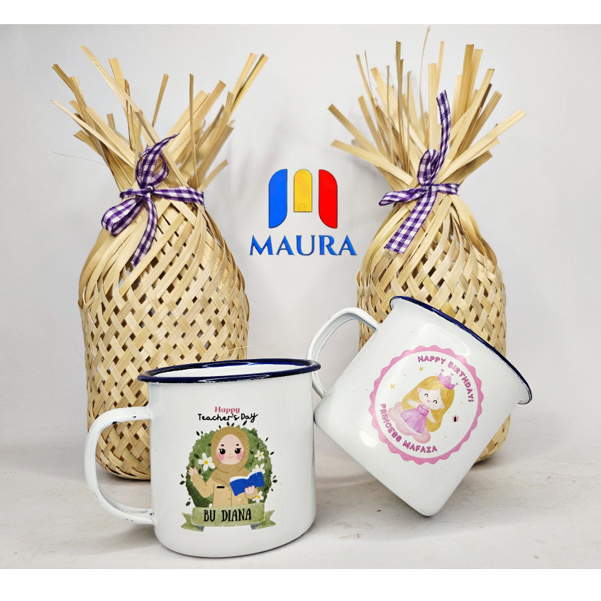 Souvenir Cangkir Enamel Mug Minum Gelas Gagang Kaleng Warna Cup Vintage Tumbler Sablon Custom