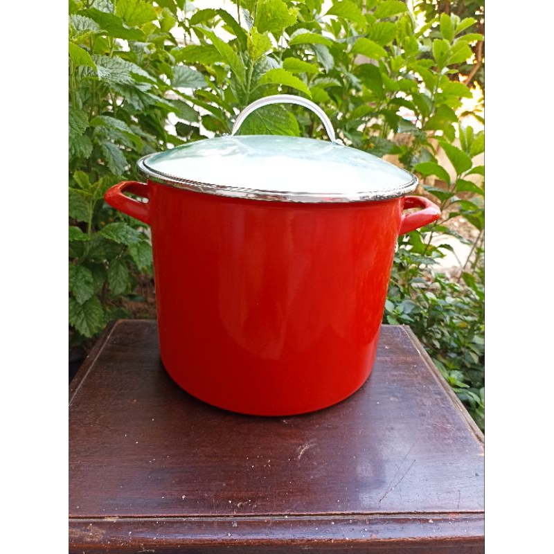 Panci Stockpot Merah Jumbo 20 QT 18 Liter 32 Cm Tutup Kaca Enamel Kitchenware
