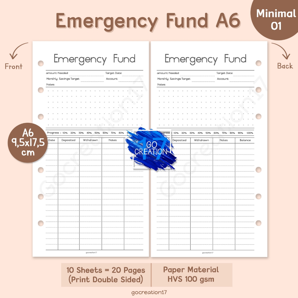 

Buku Planner Refill Kertas Isi Binder Emergency Fund Tracker Simple Minimalis A6