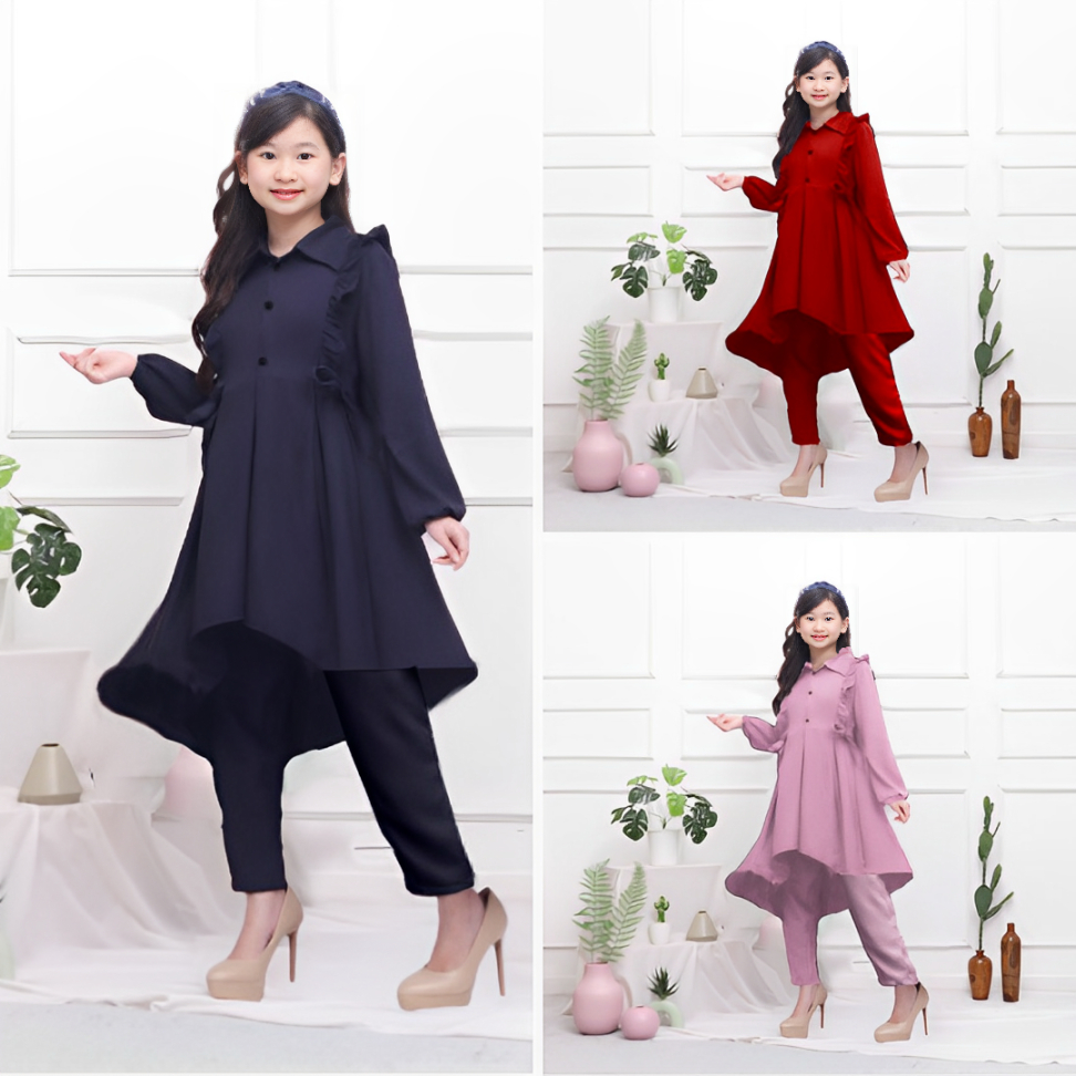 Setelan Anak Perempuan Usia 7-9 Tahun Setcol Baju Tunik Anak Ruffle Basic