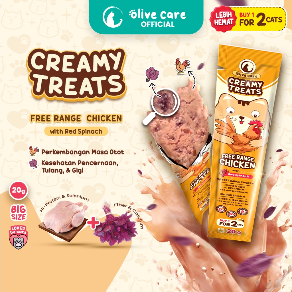 Olive Care SINGLE CREAMY TREATS 20gr BIG SIZE Free Range Chicken & Red Spinach, Snack Cemilan Kucing