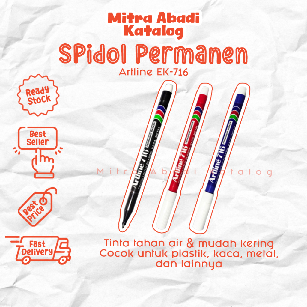 

(1 PCS) SPIDOL PERMANEN ARTLINE EK-716 / PERMANENT MARKER 1 MM EK716 SPIDOL SEPIDOL DAPAT DI ISI ULANG TINTA HITAM BIRU MERAH MITRA ABADI KATALOG JOGJA