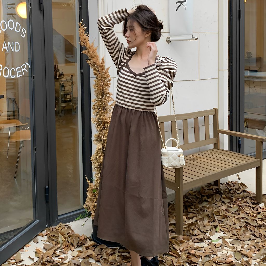 SELEAD - MIDI DRES GARIS GARIS MODEL TERBARU DRESS KATUN MOTIF STRIPE IMPORT WANITA