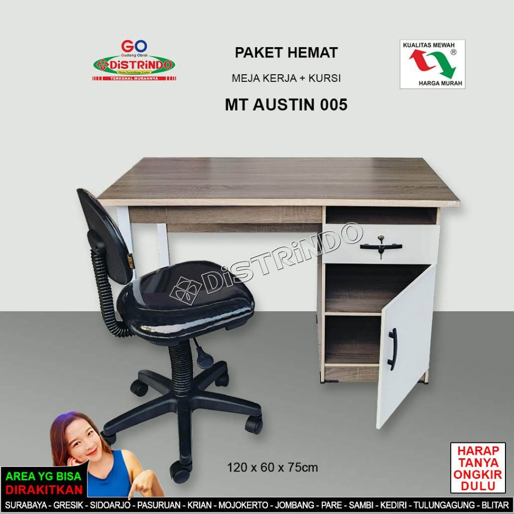 DISTRINDO Meja Kerja Minimalis kaki Besi dengan Lemari Rak Buku + Laci ada KUNCI