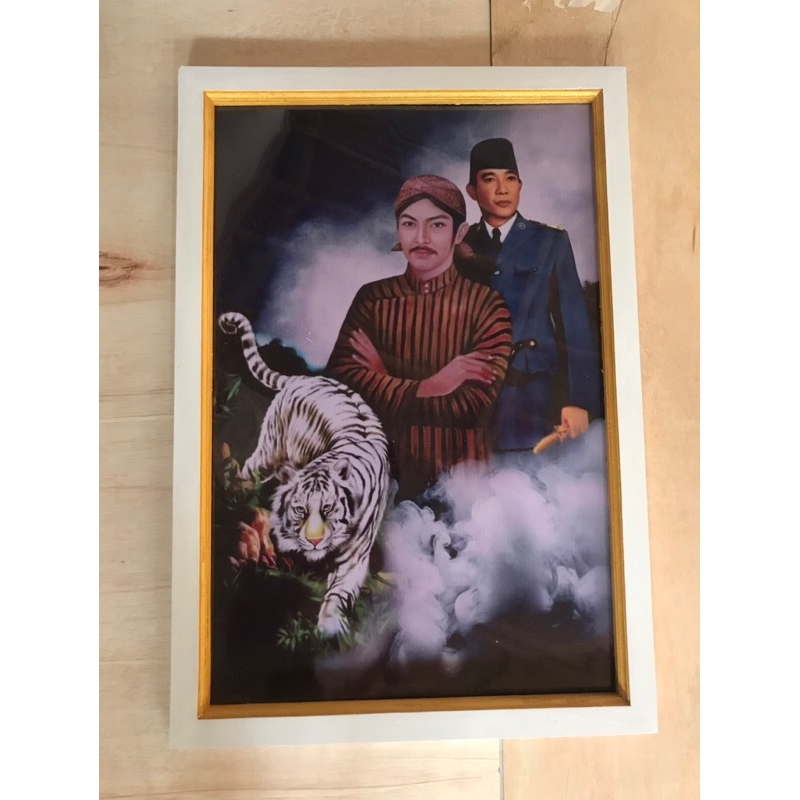 hiasan dinding lukisan cetak gambar soekarno dan sunan kalijaga macan Putih plus bingkai
