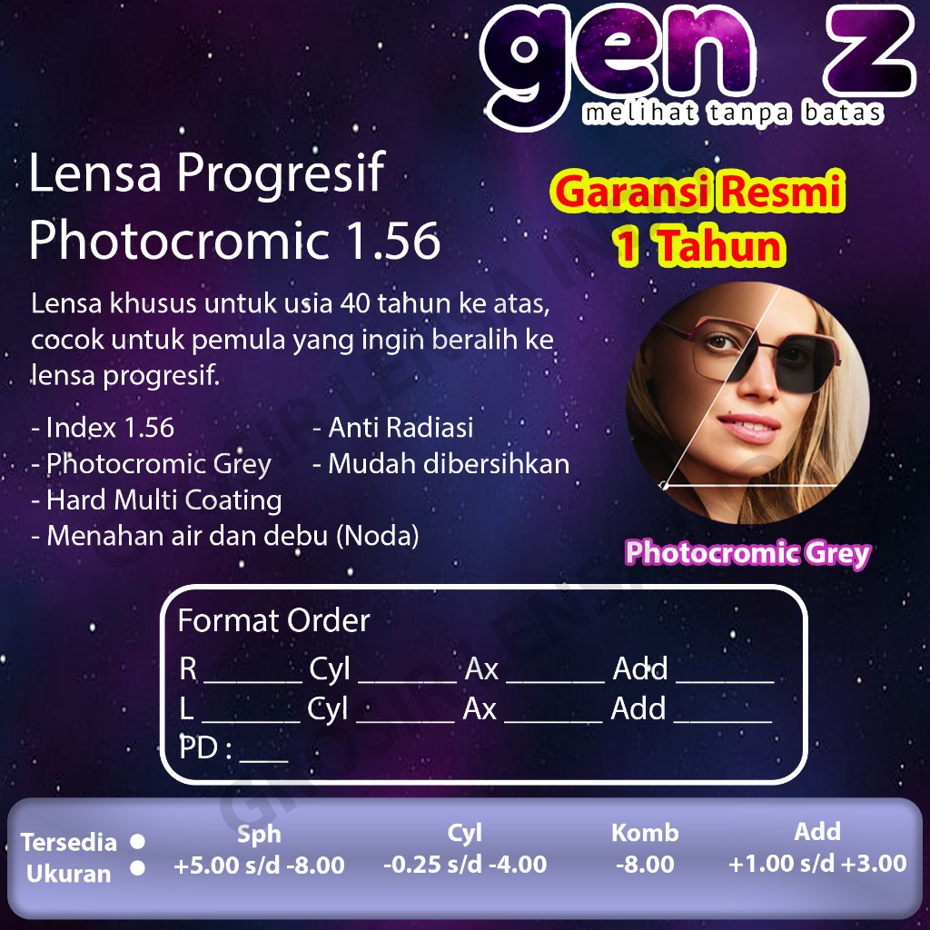 Lensa Kacamata Progresif Photocromic Grey 1.56 Gen Z