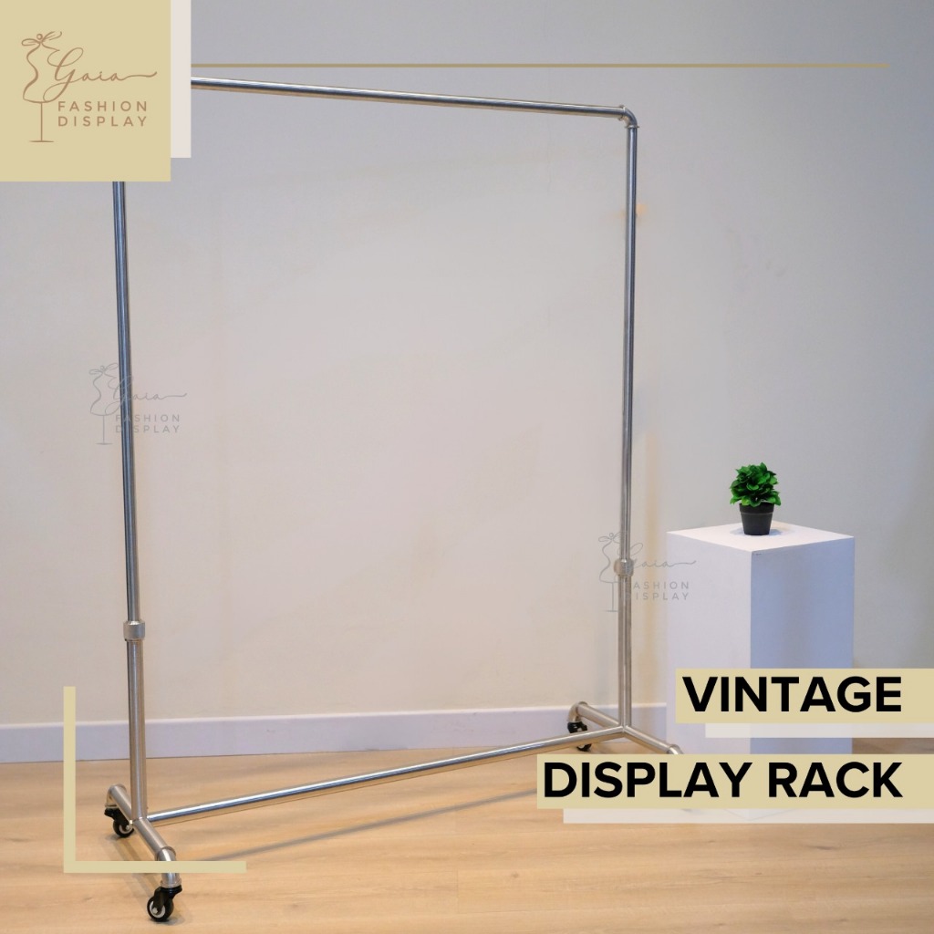 Gantungan Baju VINTAGE Silver Rak Baju Minimalis Silver Rak Display Roda Gawang Baju Stainless + PAC