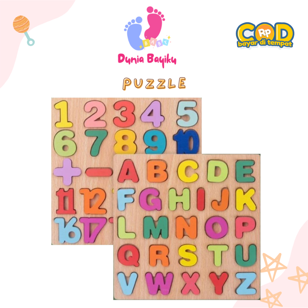 Mainan Puzzle Kayu Edukasi Huruf ABC Angka Bentuk Geometri untuk Belajar Anak