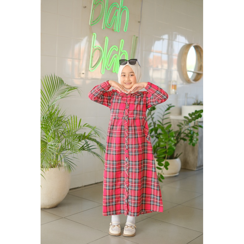 RJ4 Baju Gamis Anak Perempuan Terbaru 5-6 8-10 12-13 Tahun Motif Kotak Bahan Linen