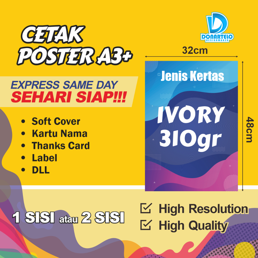 

CETAK KERTAS IVORY 310gr UKURAN A3+ HIGH RESOLUTION, KARTU NAMA, KARTU UCAPAN, SOFT COVER, LABEL, DLL