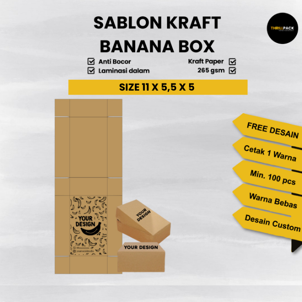 Sablon Custom Box Banana Kraft (11x5,5x5) /Box Banana Kraft / Custom Desain Laminasi /Sablon Box Ban
