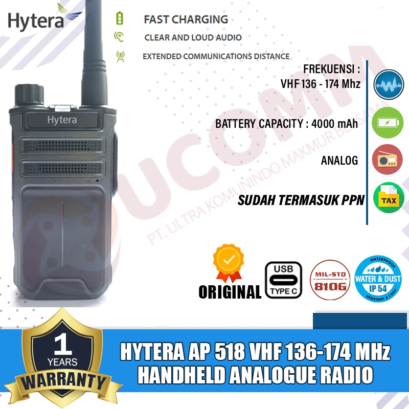 HYTERA Ap518 Ap 518 Single Band VHF 136-174 HT Hytera Ap-518 Ap518 Original Garansi Resmi