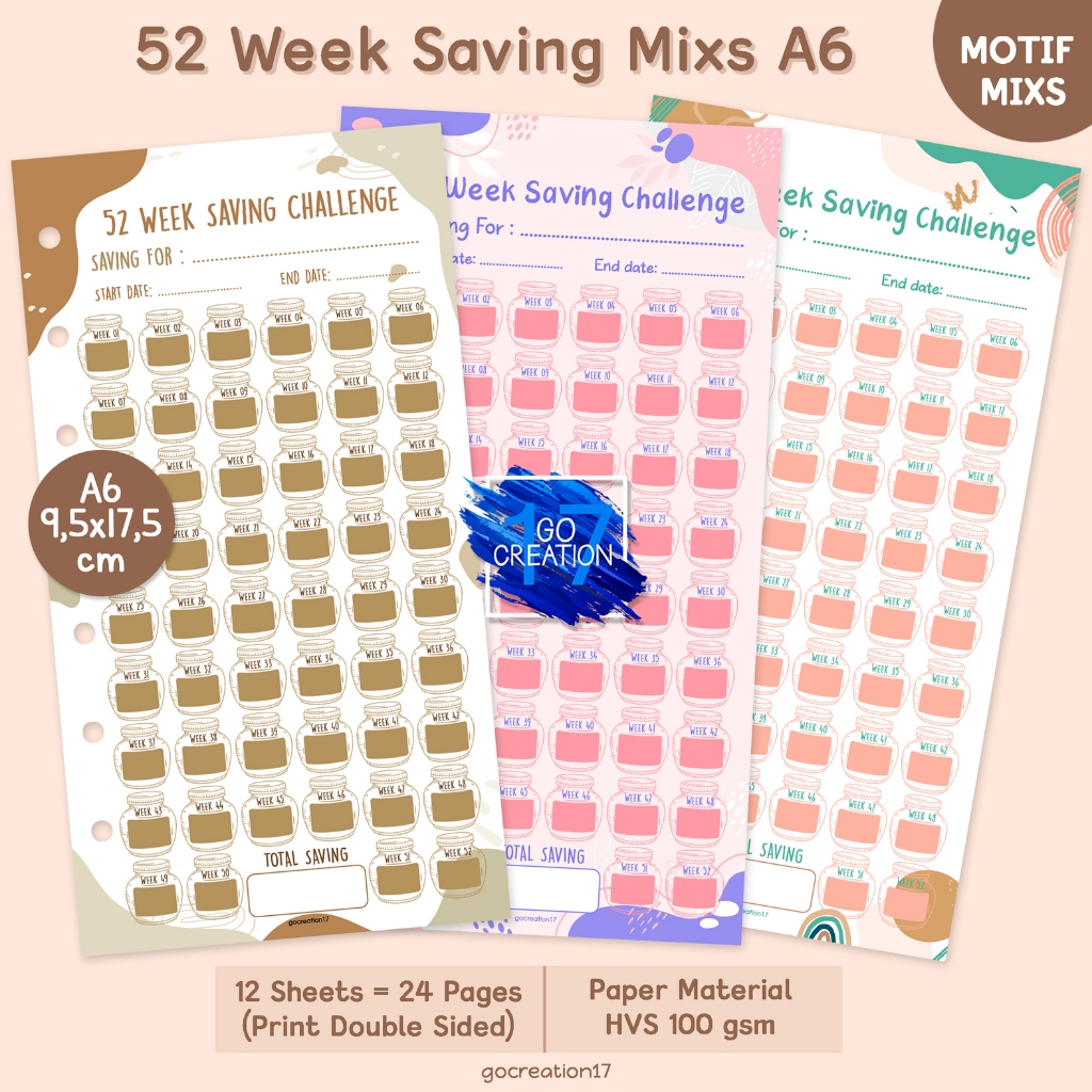 

Buku Planner Kertas Binder Tantangan Nabung 52 Week Saving Challenge Premium A6