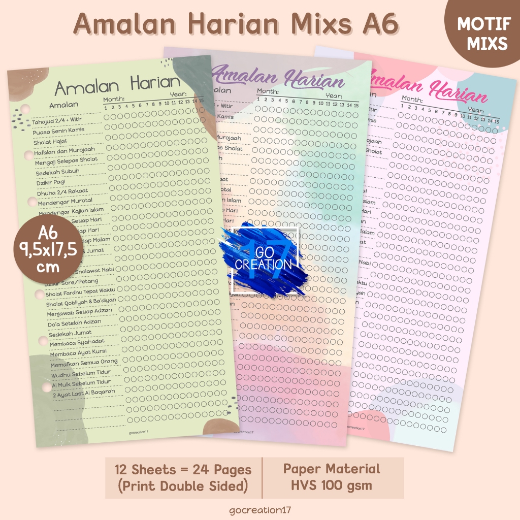 

Buku Planner Refill Kertas Binder Amalan Harian Tracker Motif Premium A6