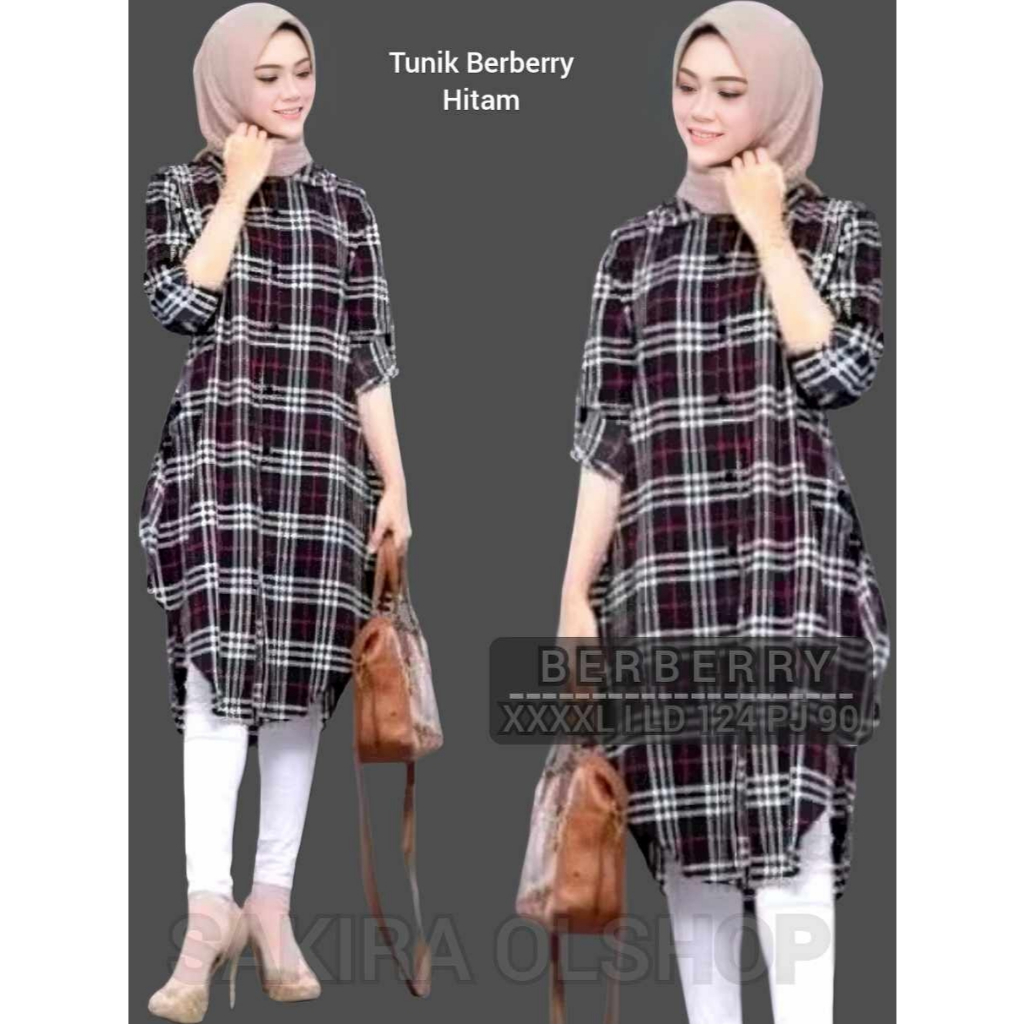 tunik kemeja wanita terbaru 2024 motif kotak-kotak Berberry kekinian import jumbo lengan panjang